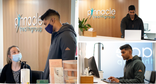 Photo collage showing two people with a facemask talking to each other and another one showing a receptionist working on a computer.