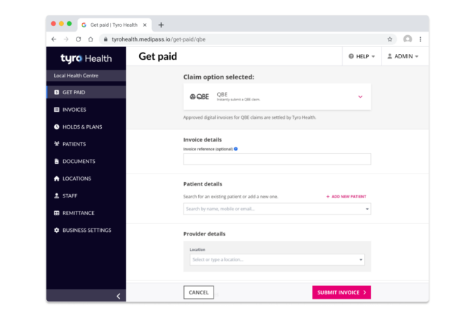 Browser screen showing Tyro Health Online's integration with QBE.
