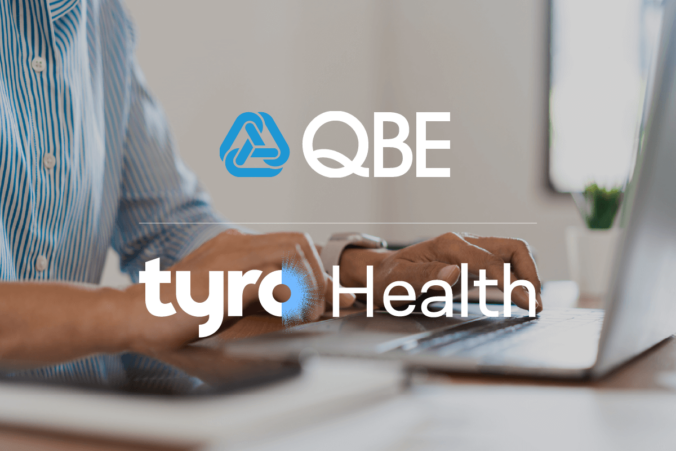 QBE and Tyro logos sitting stacked on a background showing a person typing on a laptop.