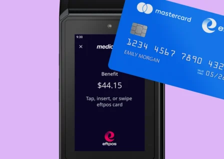 Medicare Easyclaim claim showing $44.15 benefit on Tyro Health EFTPOS machine screen with eftpos card payment prompt