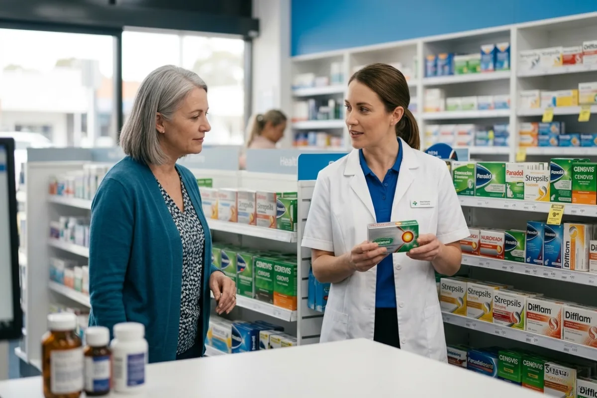 Pharmacist talking to a customer about medication sale to process on a Tyro Health EFTPOS and integrated pharmacy payment system