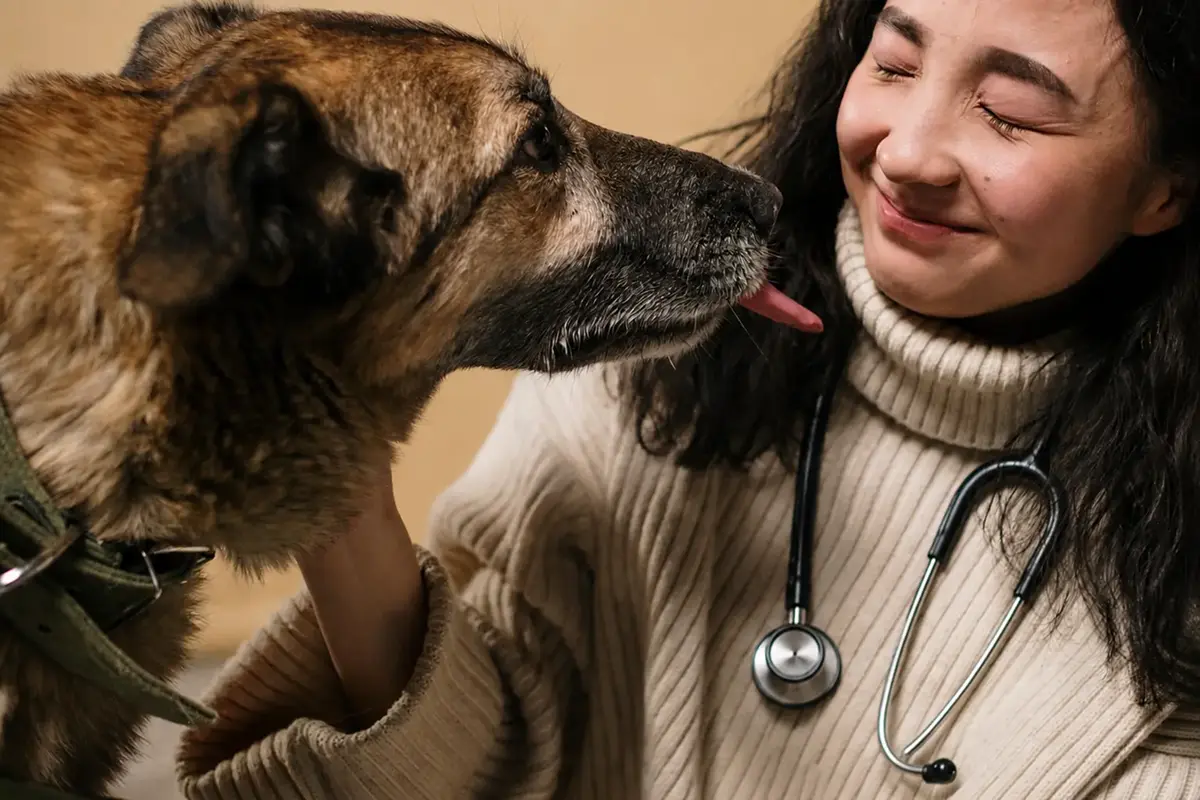 Veterinarian interacting with a dog, representing the Tyro Health Vet Portal for streamlined veterinary payments and practice management.