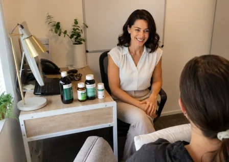 Naturopath reviewing herbal medicine products in a clinic following the return of private health insurance rebates for eligible naturopathy services in Australia.