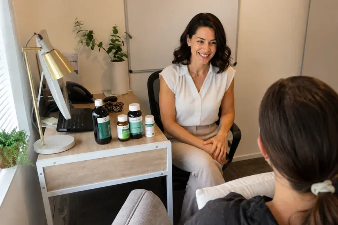 Naturopath reviewing herbal medicine products in a clinic following the return of private health insurance rebates for eligible naturopathy services in Australia.